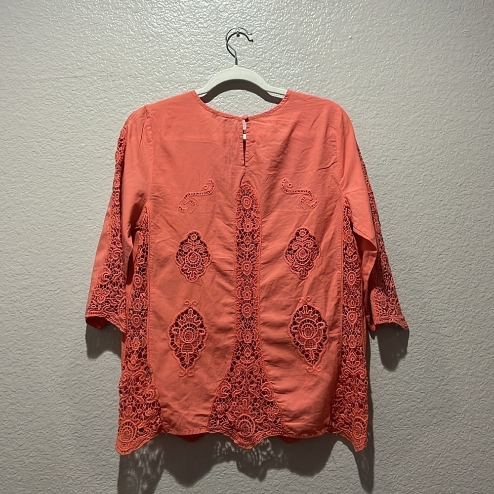 Saint Tropez West Cotton Lace blouse top long sleeve coral pink M Vacay Casual - Picture 6 of 14